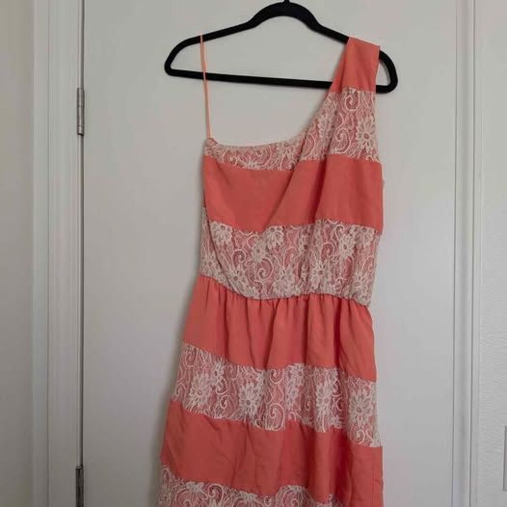 Gianni Bini Peach & White Striped Lace One-Shoulder Mini Dress (L)